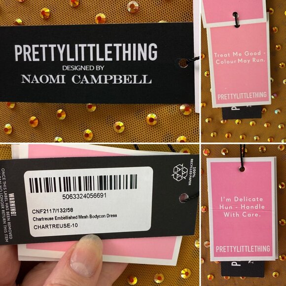 PrettyLittleThing Naomi Campbell Chartreuse Yellow Embellished Dress Size 6 Y2K - Picture 7 of 11